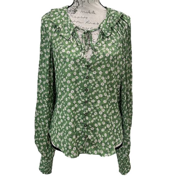 Anthropologie Button-Front Peasant Blouse In Green Motif - Picture 2 of 8